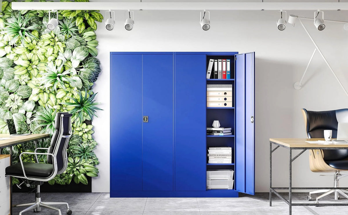 Armoire de rangement en métal Fesbos pour garage avec 2 portes et 4 étagères réglables - Classeur en acier verrouillable de 71, armoire à outils verrouillable pour bureau, maison, garage, salle de sport (Bleu)