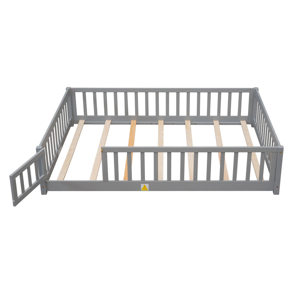 uhomepro Cadre de lit au sol en bois 2 places avec barrière et porte pour enfants et tout-petits, Gris