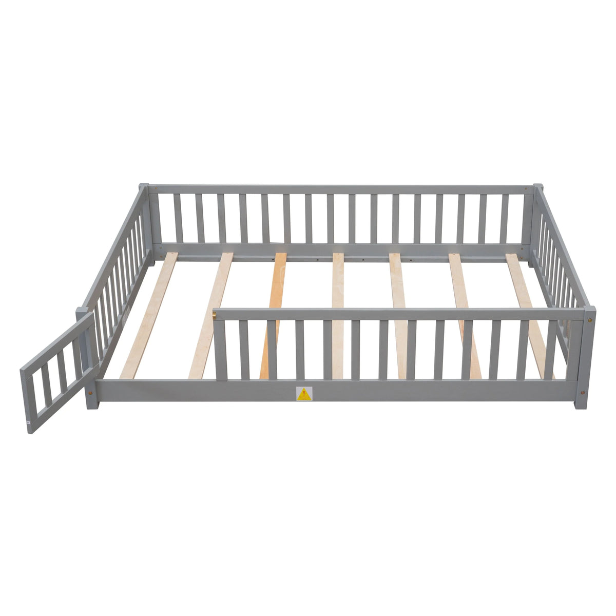 uhomepro Cadre de lit au sol en bois 2 places avec barrière et porte pour enfants et tout-petits, Gris