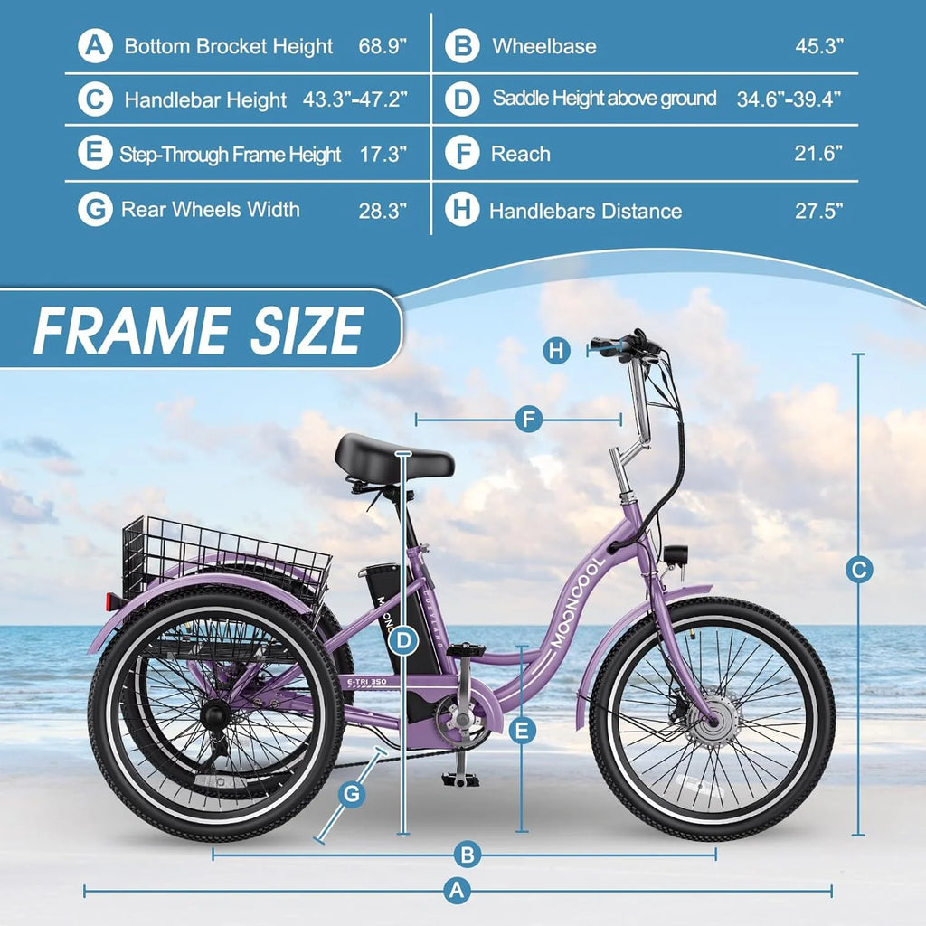 Tricycles électriques ABORON 24 26, batterie au lithium 36 V 10 Ah 350 W, triporteur électrique 7 vitesses pour adultes avec grand panier arrière et siège réglable