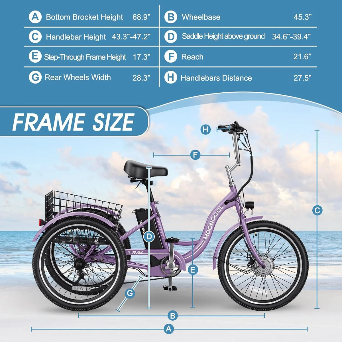 Tricycles électriques ABORON 24 26, batterie au lithium 36 V 10 Ah 350 W, triporteur électrique 7 vitesses pour adultes avec grand panier arrière et siège réglable