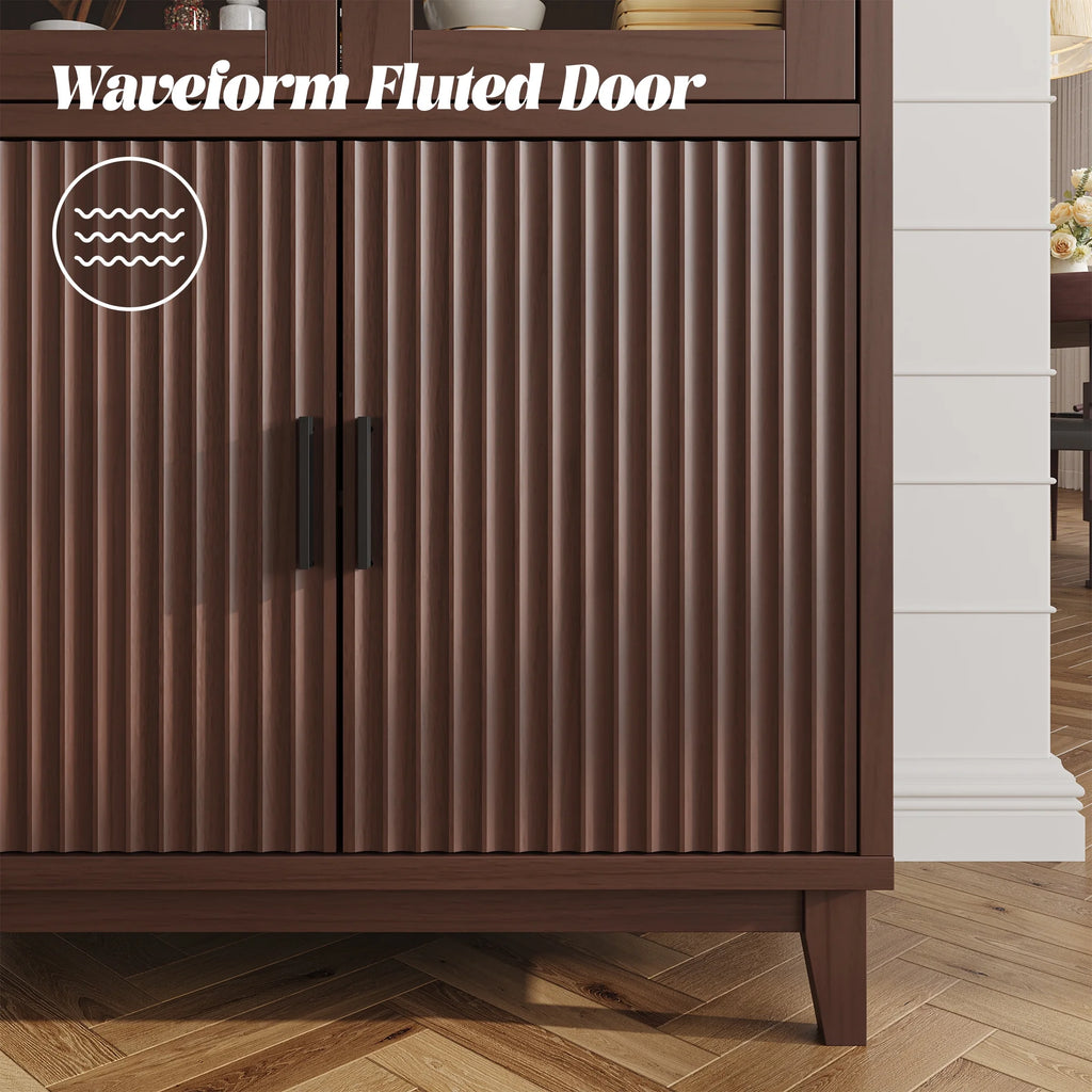 VEANERWOOD 71 Armoire haute cintrée, meuble de rangement de cuisine en bois cannelé avec 4 portes et 6 étagères pour salle à manger et salon