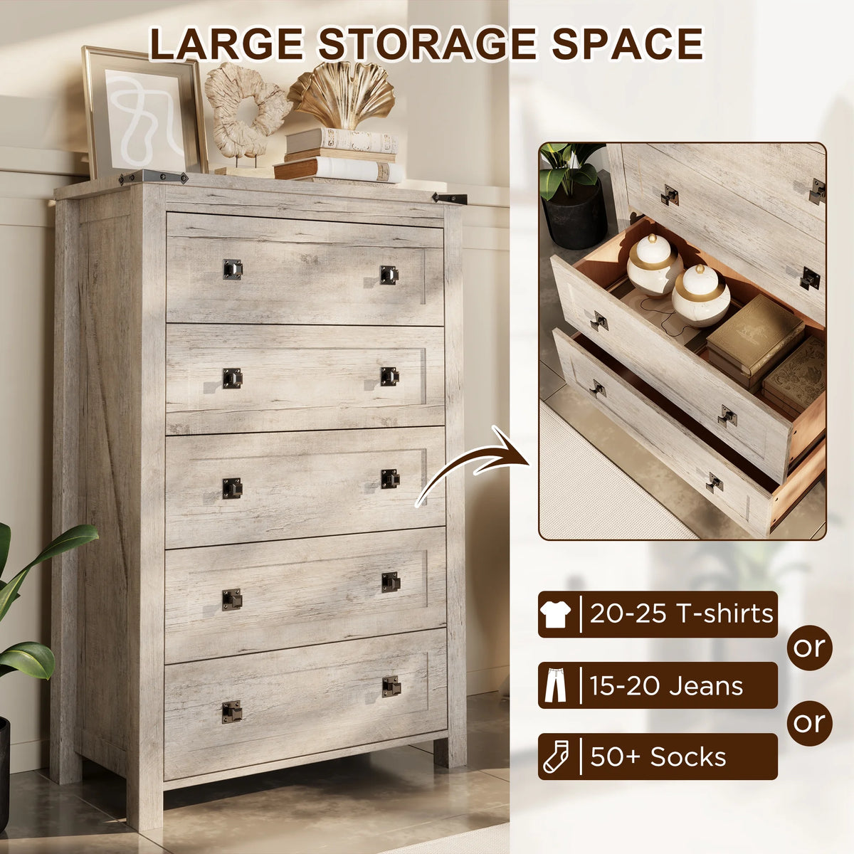 Commode Keywhat Farmhouse à 5 tiroirs pour chambre, meuble de rangement en bois pour salon, blanc antique