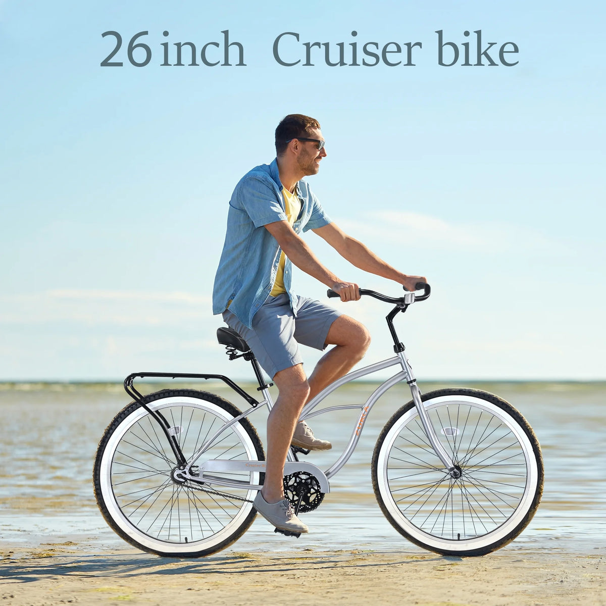 Vélo de plage 26 pouces, vélo à vitesse unique avec cadre en acier, pneus larges et frein à pédale arrière, vélo urbain confortable pour homme adulte, argenté