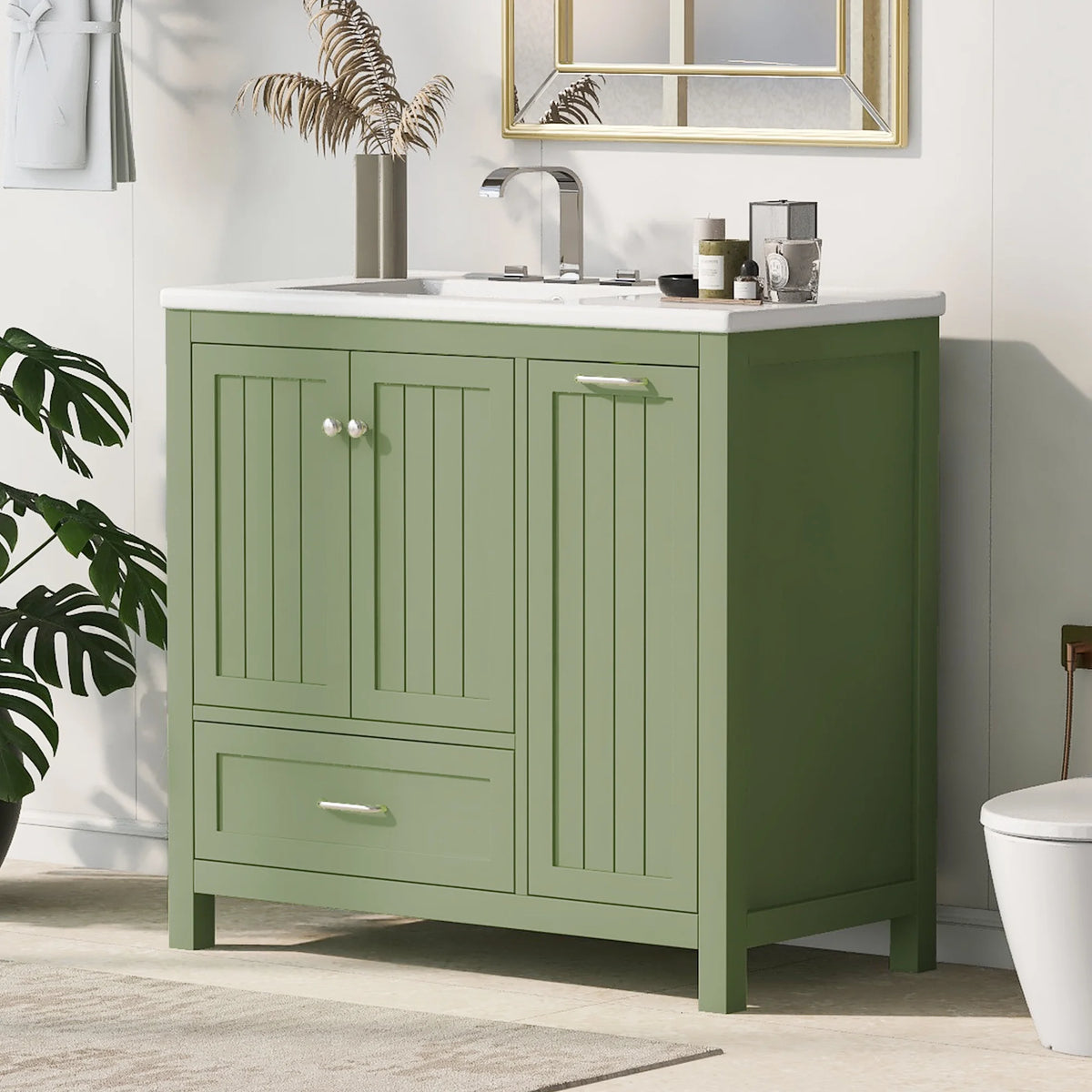 Meuble-lavabo de salle de bains Harper & Bright Designs 30 avec lavabo, armoire de salle de bains avec plateau en céramique, portes et tiroir de rangement multifonctionnels, vert