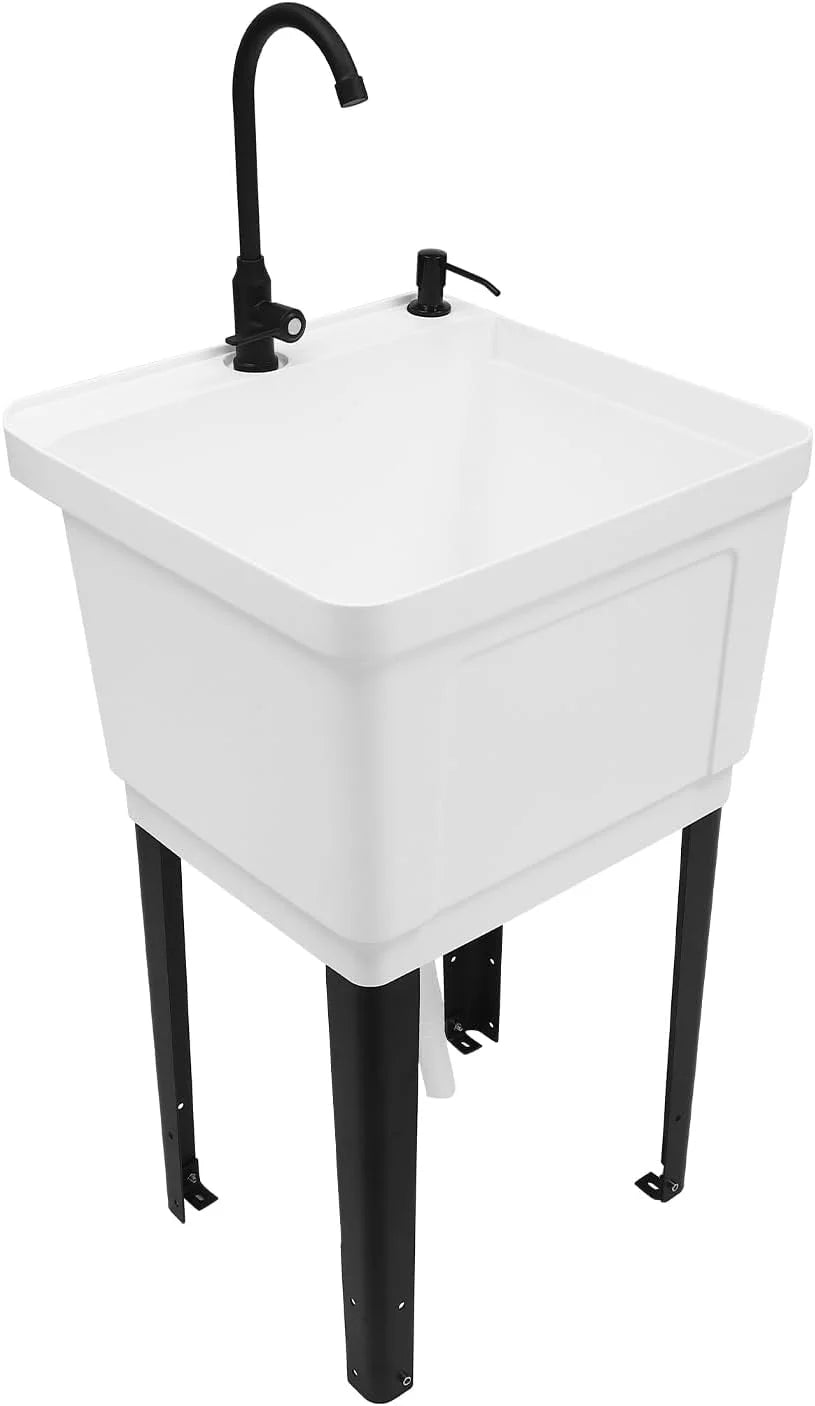 Évier utilitaire sur pied, cuve de buanderie extra-profonde, évier utilitaire en plastique sur pied pour sous-sol, buanderie, garage ou atelier (Blanc)