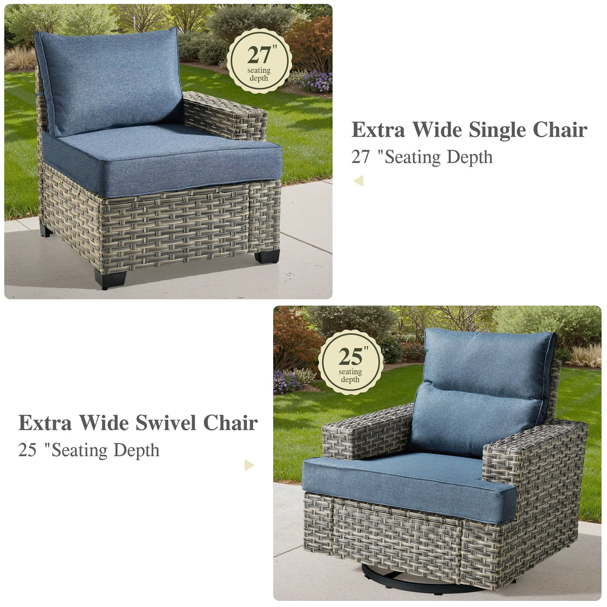 Ovios Salon de jardin modulable moderne en résine tressée toutes saisons à dossier haut, 10 pièces, avec table brasero au propane et fauteuil pivotant, gris foncé