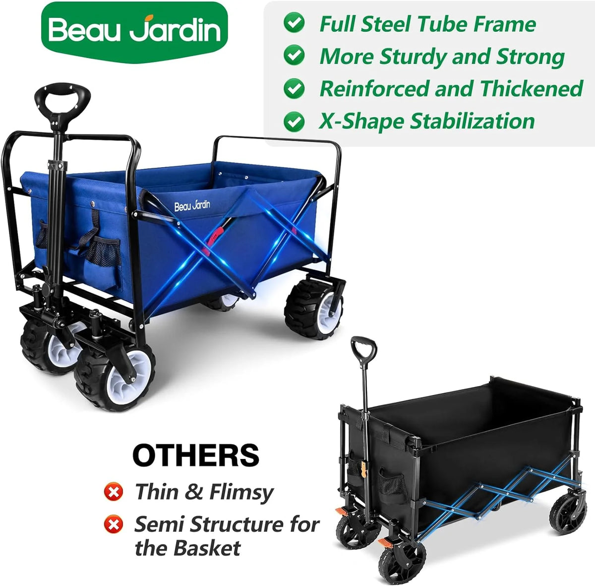 BEAU JARDIN Chariot Pliable de 300 Livres Capacité Chariot de Plage Pliable Robuste Chariot Utilitaire de Courses pour Jardin Sports Achats Extérieur Roues Tout-Terrain Portable Noir