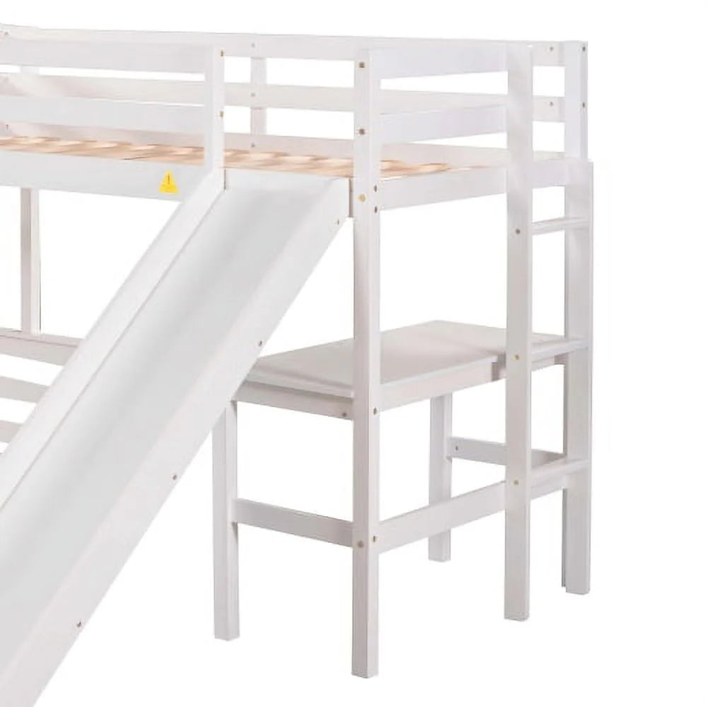 Lit superposé triple en L pour 5 personnes, lit superposé simple sur double et lit mezzanine simple avec bureau intégré, toboggan et barrière de sécurité sur toute la longueur, blanc