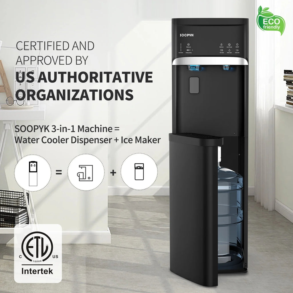 SOOPYK Distributeur d’eau chaude et froide 3-en-1 avec machine à glaçons à chargement inférieur pour bonbonne de 3 ou 5 gallons, capacité quotidienne de 22 lb, glaçons en forme de balle, noir