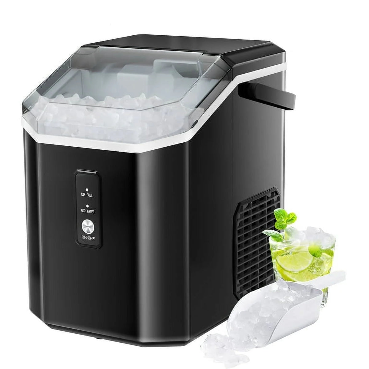 Machine à glaçons Auseo SS Nugget de comptoir avec glaçons tendres à mâcher, 35 lbs/24 h, autonettoyante, pelle à glaçons, acier inoxydable argenté, pour cuisine/bureau/fête