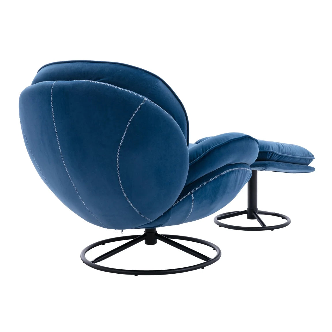 Fauteuil d'appoint pivotant en velours avec pouf, fauteuil méridienne moderne avec structure en métal et repose-pieds, fauteuil confortable pour la lecture, salon, chambre, bureau, bleu