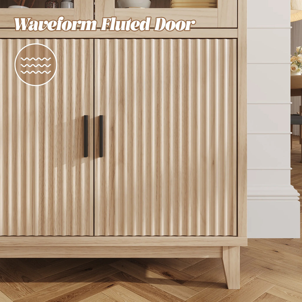 VEANERWOOD 71 Armoire haute cintrée, meuble de rangement de cuisine en bois cannelé avec 4 portes et 6 étagères pour salle à manger et salon
