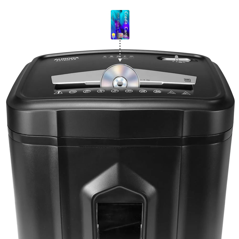 Destructeur de documents Aurora GB robuste anti-bourrage à coupe transversale, capacité de 18 feuilles, 30 minutes d’autonomie, bac amovible de 5 gallons et roulettes