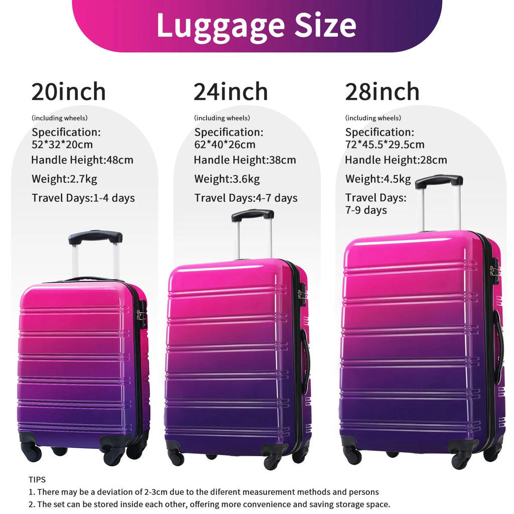 Ensemble de 3 valises, valise rigide 20/24/28 pouces avec cadenas TSA et roulettes pivotantes, bagages de voyage légers et extensibles pour homme et femme, multicolore violet