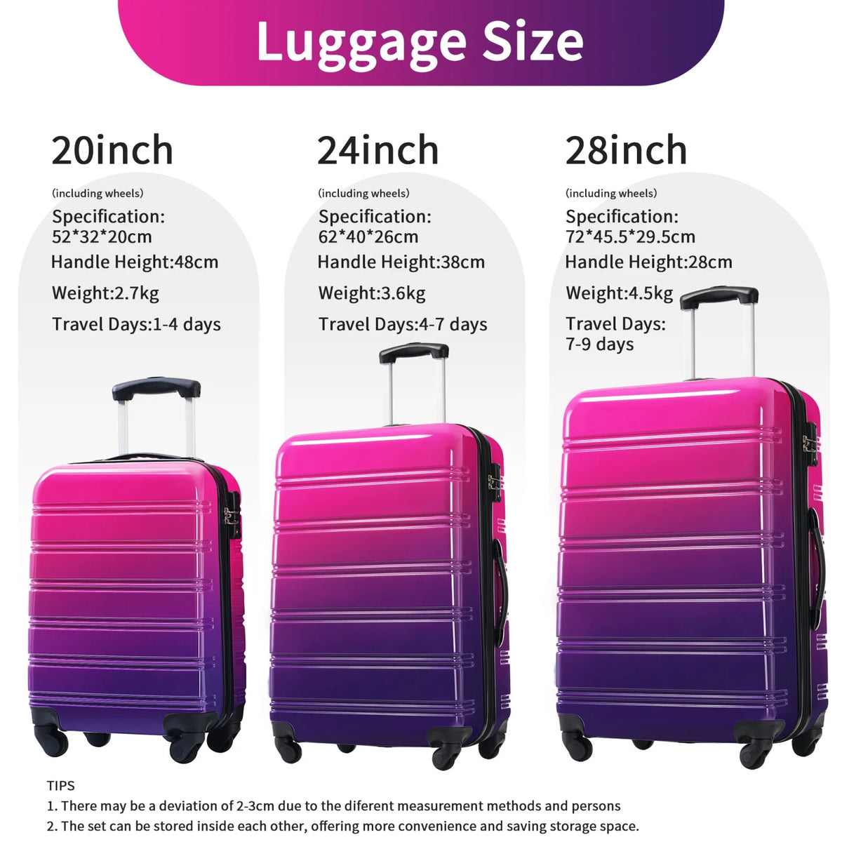 Ensemble de 3 valises, valise rigide 20/24/28 pouces avec cadenas TSA et roulettes pivotantes, bagages de voyage légers et extensibles pour homme et femme, multicolore violet