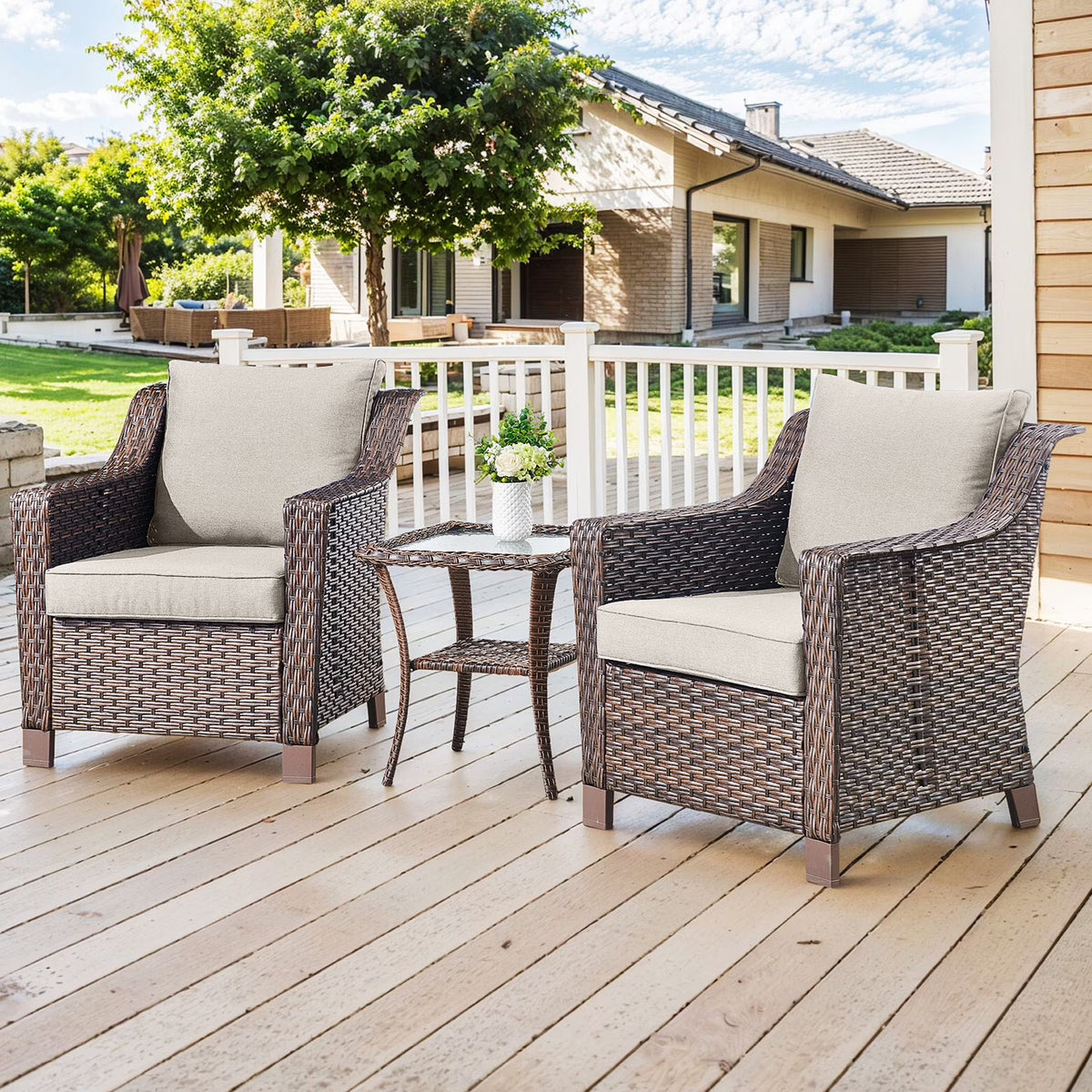 Lot de 2 chaises de patio d'extérieur en résine tressée Bellefurn avec table d'appoint, chaises en rotin tressé toutes saisons, mobilier de jardin pour porche, balcon, cour arrière, jardin et terrasse