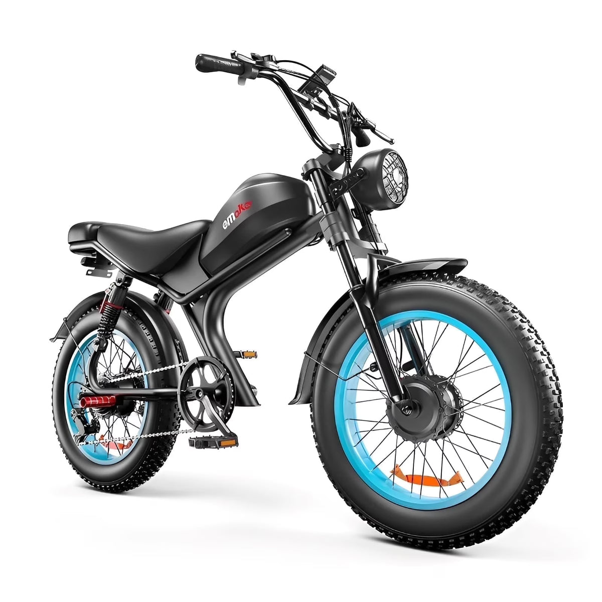 Vélo électrique EMOKO C93 - Double moteur 2000 W - Batterie amovible 23 Ah - Jusqu'à 100 km d'autonomie - Vitesses Shimano à 7 rapports - Frein hydraulique - Roues de 20 pouces, couleur bleue