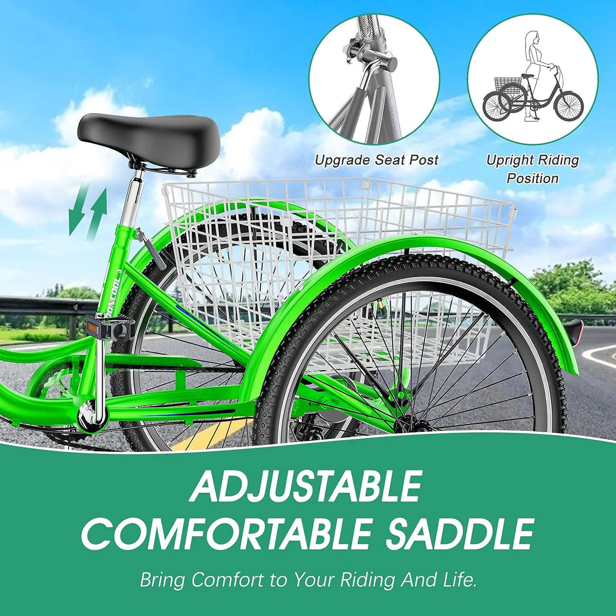 Tricycles pour adultes MOONCOOL avec panier arrière et pompe à pied, vélos à 3 roues 7 vitesses de 24 et 26 pouces, vélo à trois roues pour adultes avec dossier pour seniors, femmes et hommes