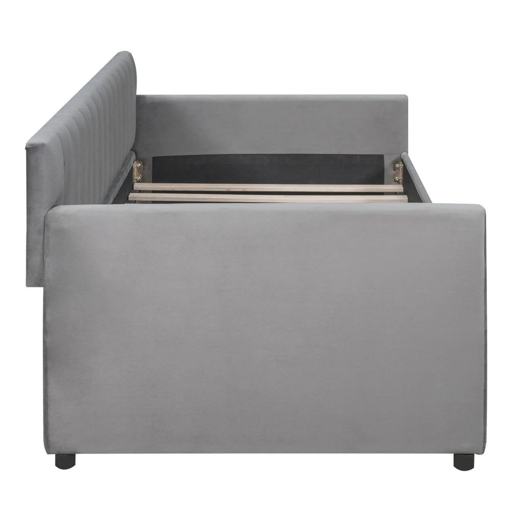Lit de repos 1 place avec 2 tiroirs de rangement, cadre de lit-canapé capitonné et rembourré avec support à lattes en bois, parfait pour une chambre, gris