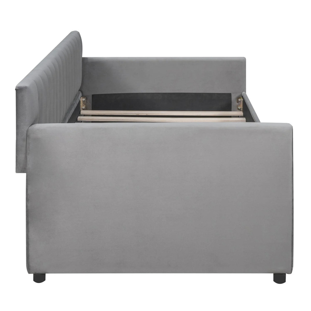 Lit de repos 1 place avec 2 tiroirs de rangement, cadre de lit-canapé capitonné et rembourré avec support à lattes en bois, parfait pour une chambre, gris