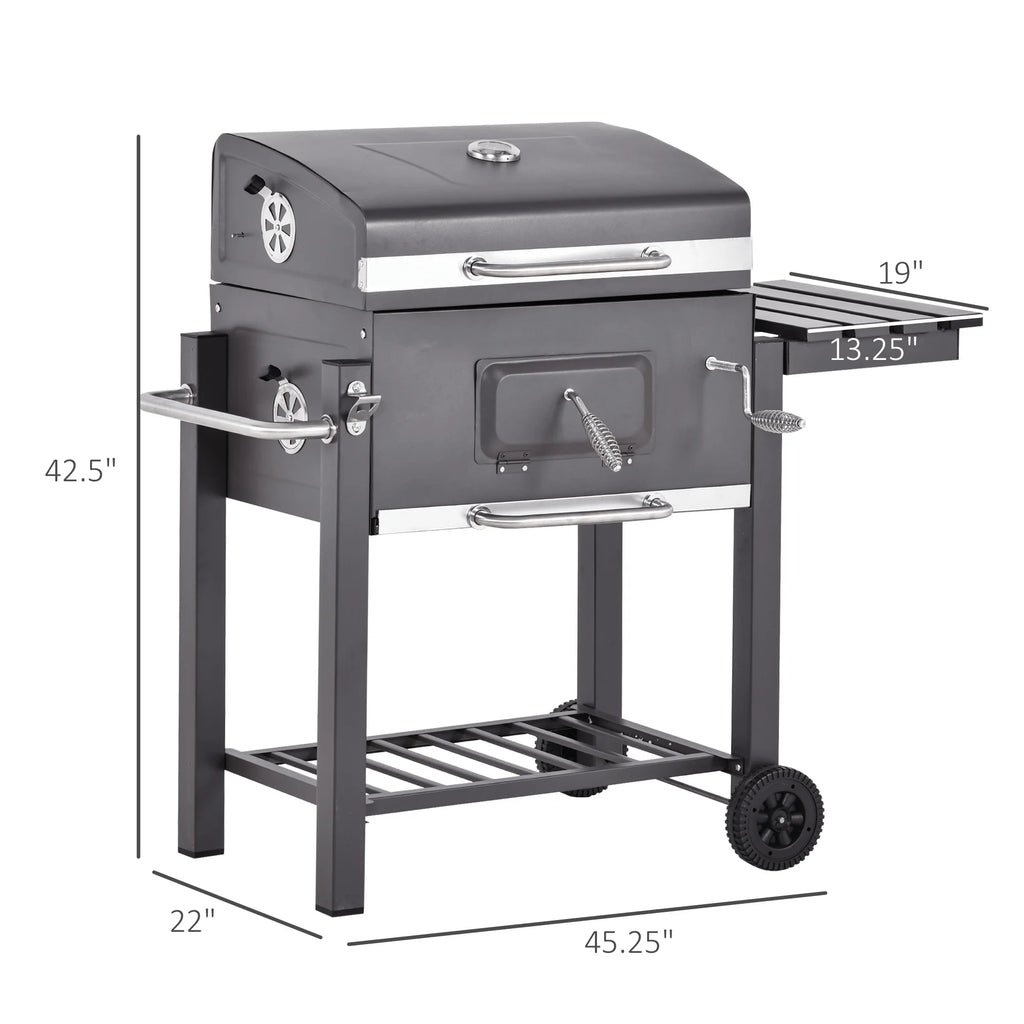 Barbecue à charbon portable Outsunny, en acier inoxydable, avec thermomètre et brûleur latéral, gris
