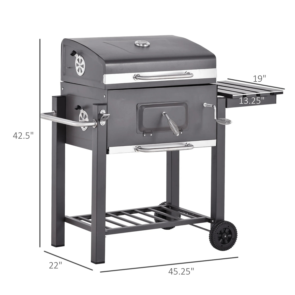 Barbecue à charbon portable Outsunny, en acier inoxydable, avec thermomètre et brûleur latéral, gris