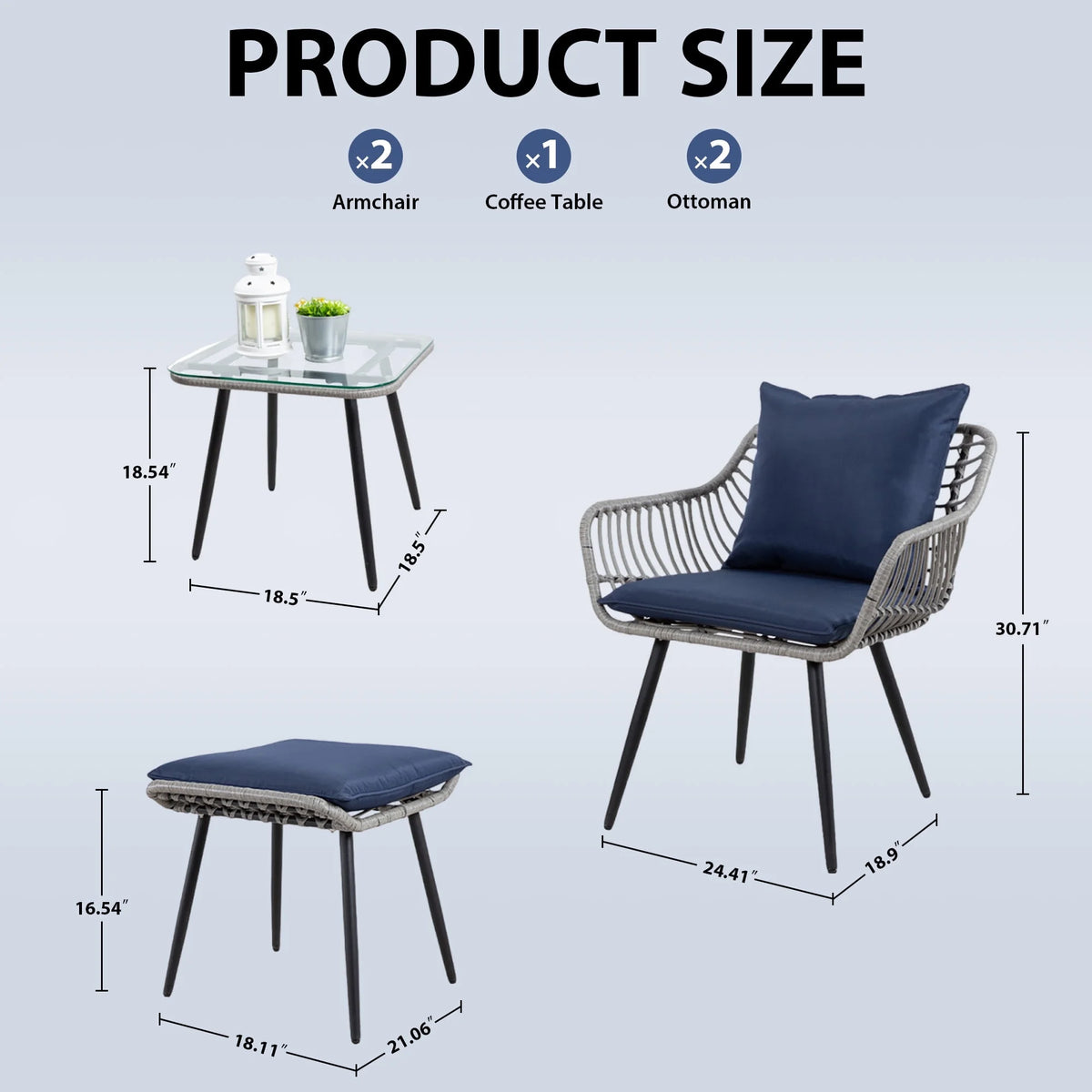 Salon de jardin Ainfox 7 pièces en promotion, canapé en rotin gris avec coussins gris