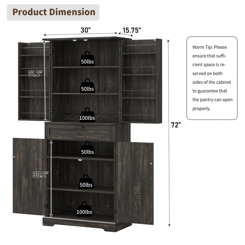 FUSOU Armoire de rangement de cuisine 72'', Armoire haute avec 8 étagères de porte, 2 placards et 1 tiroir, Meuble autoportant pour cuisine, salle à manger, salle de bain, buanderie