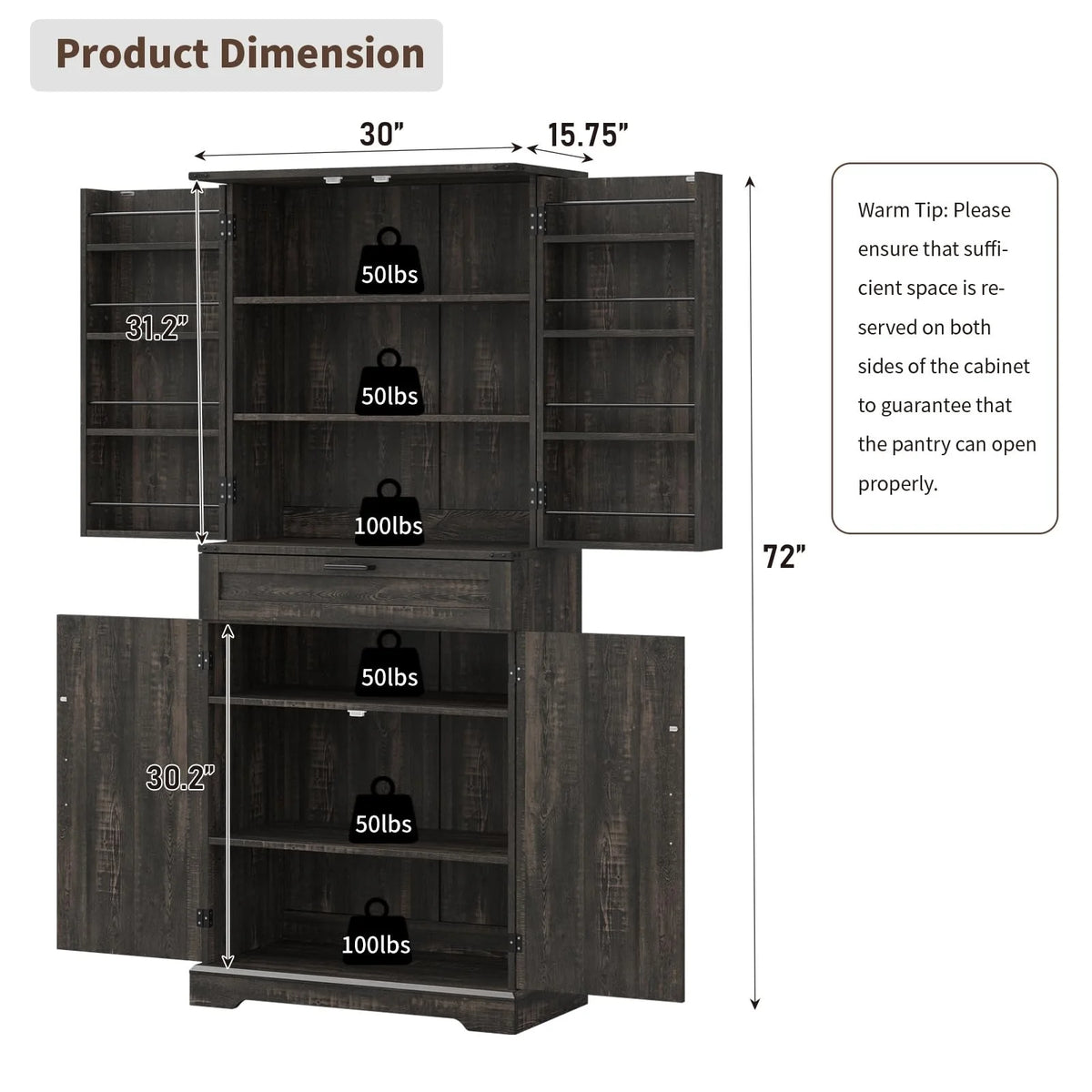 FUSOU Armoire de rangement de cuisine 72'', Armoire haute avec 8 étagères de porte, 2 placards et 1 tiroir, Meuble autoportant pour cuisine, salle à manger, salle de bain, buanderie