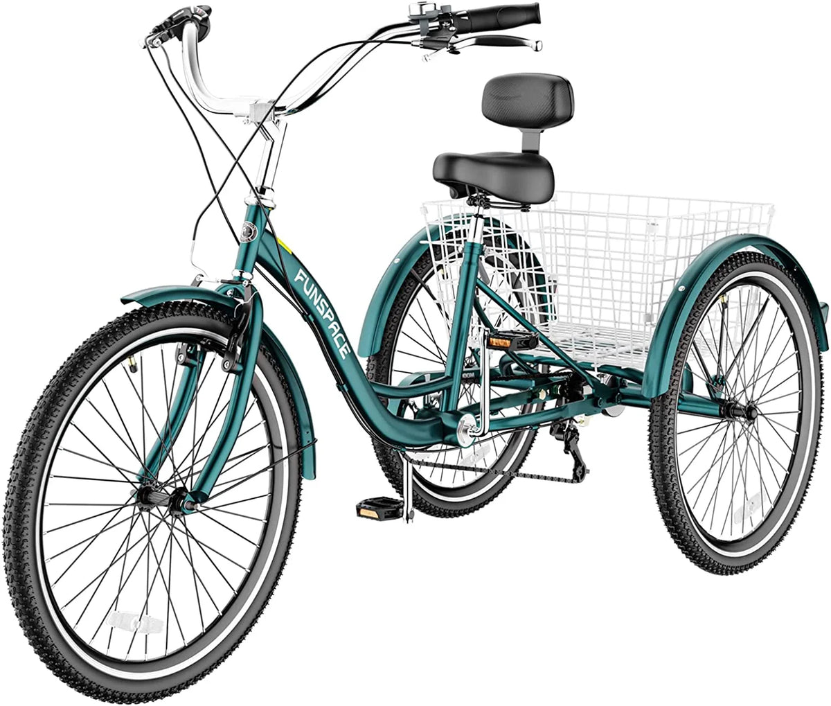 Tricycles pour adultes MOONCOOL avec panier arrière et pompe à pied, vélos à 3 roues 7 vitesses de 24 et 26 pouces, vélo à trois roues pour adultes avec dossier pour seniors, femmes et hommes