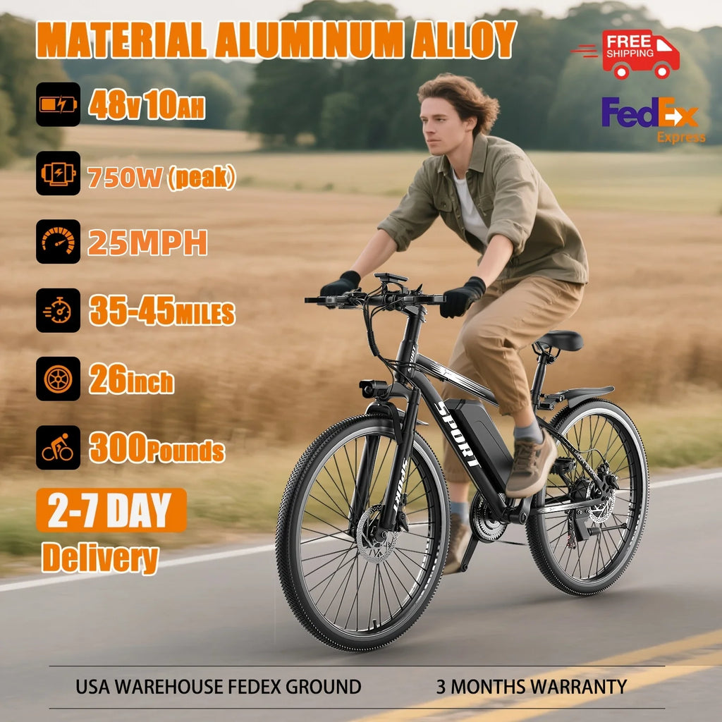 Vélo électrique MISODO pour adultes 26, puissance de crête de 750 W, VTT électrique 48 V 10 Ah, autonomie de 45 miles à 25 mi/h, VTT électrique tout-terrain pour adultes, professionnel, 7 vitesses, UL2849