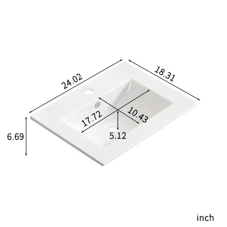 Plan de toilette de salle de bain Lisonu de 24 pouces avec lavabo intégré, en céramique blanche de porcelaine avec vasque ovale pour une salle de bain épurée et moderne