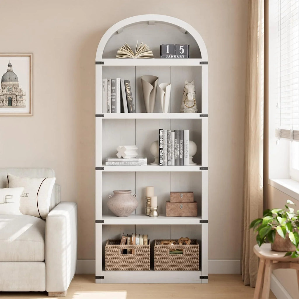 Bibliothèque à 5 étagères avec arche, 182 cm de haut, meuble de rangement et d’exposition de style rustique en bois pour bureau, salon ou maison (blanc)