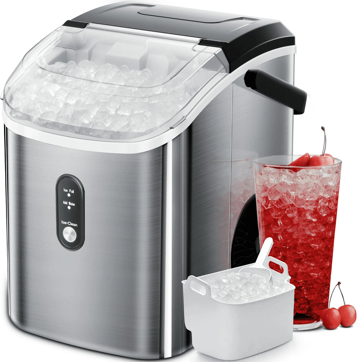 Machine à glaçons Auseo SS Nugget de comptoir avec glaçons tendres à mâcher, 35 lbs/24 h, autonettoyante, pelle à glaçons, acier inoxydable argenté, pour cuisine/bureau/fête