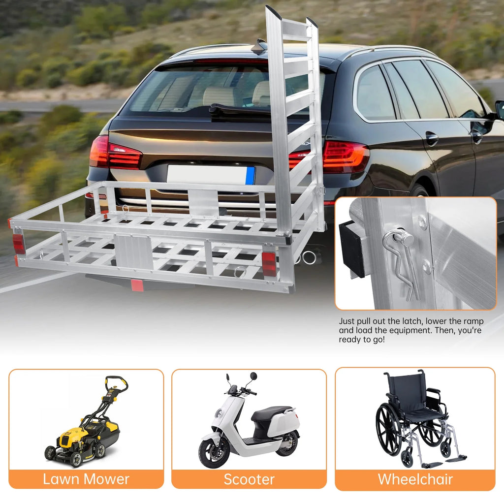 Rampe de chargement en aluminium sur attelage, plateforme extra large de 50, longerons latéraux renforcés, rampe de chargement sur attelage, porte-bagages avec rampe, porte-motoneige, équipement agricole