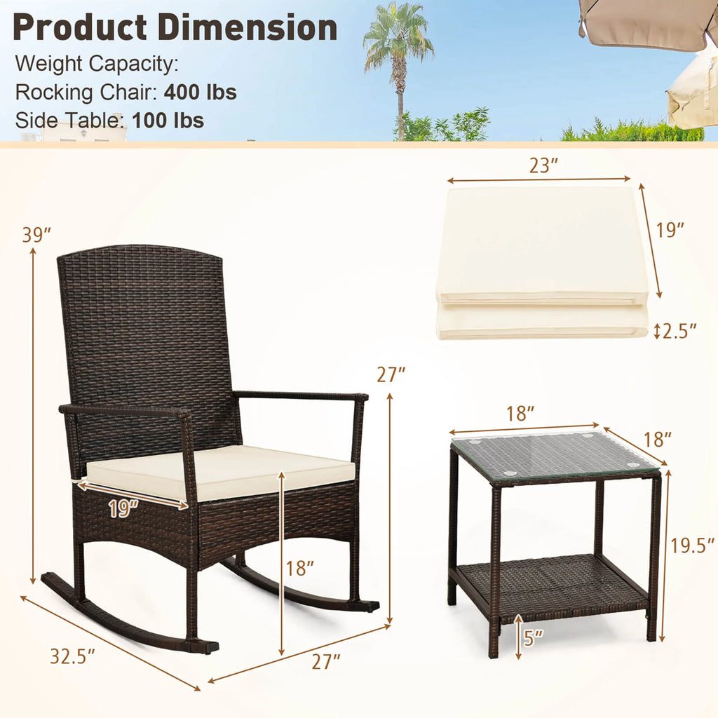 Costway Serenity Ensemble de patio 3 pièces avec fauteuils à bascule en résine tressée, coussins blancs et table basse à 2 niveaux