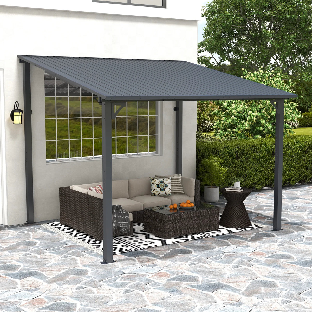 Tonnelle Pergola d'Extérieur 8' x 10', Tonnelles à Auvent Adossé, Pergola en Métal Robuste à Toit Rigide, pour Patio, Jardin, Terrasses, Bord de Piscine