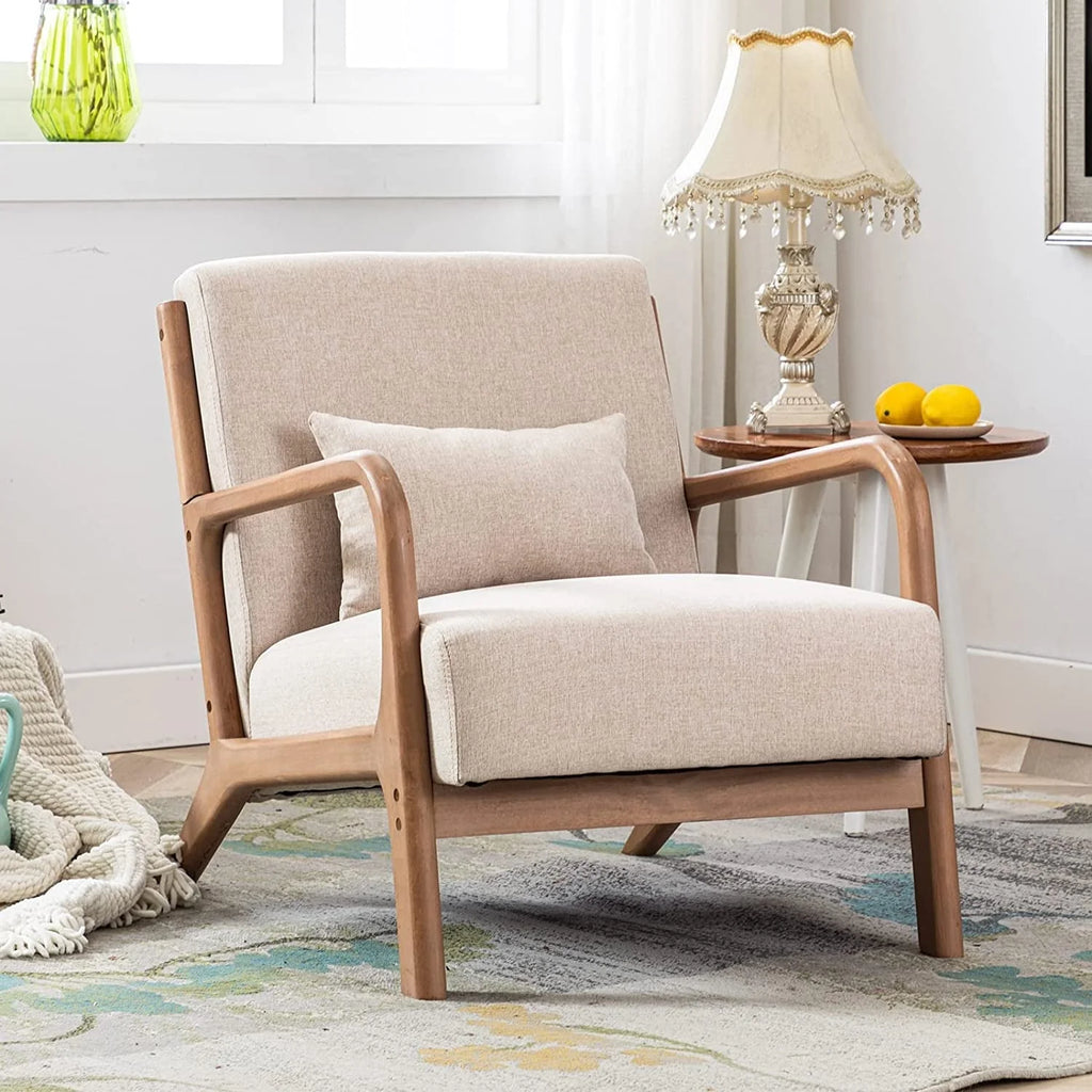 Fauteuil d'appoint Bonzy Home de style moderne du milieu du siècle, fauteuil de lecture individuel en tissu avec structure en bois massif, fauteuils à montage facile pour salon, beige