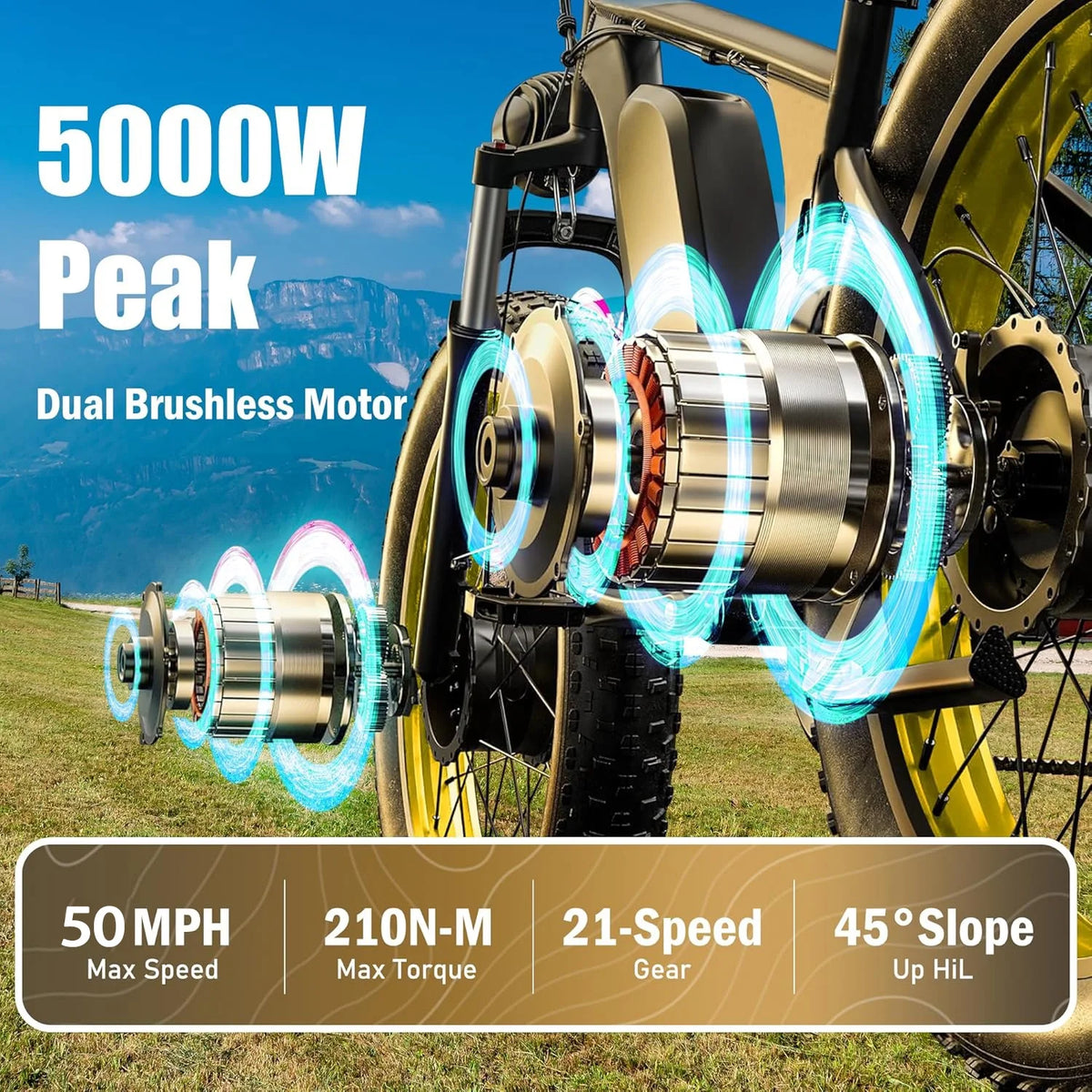 Vélo électrique 5000 W (crête) pour adultes, moto électrique avec batterie 60 V 25 Ah, vélo électrique à double moteur 80 km/h, vélo électrique à pneus larges 26 × 4,0, VTT à transmission intégrale et 21 vitesses pour tous les terrains UL 2849