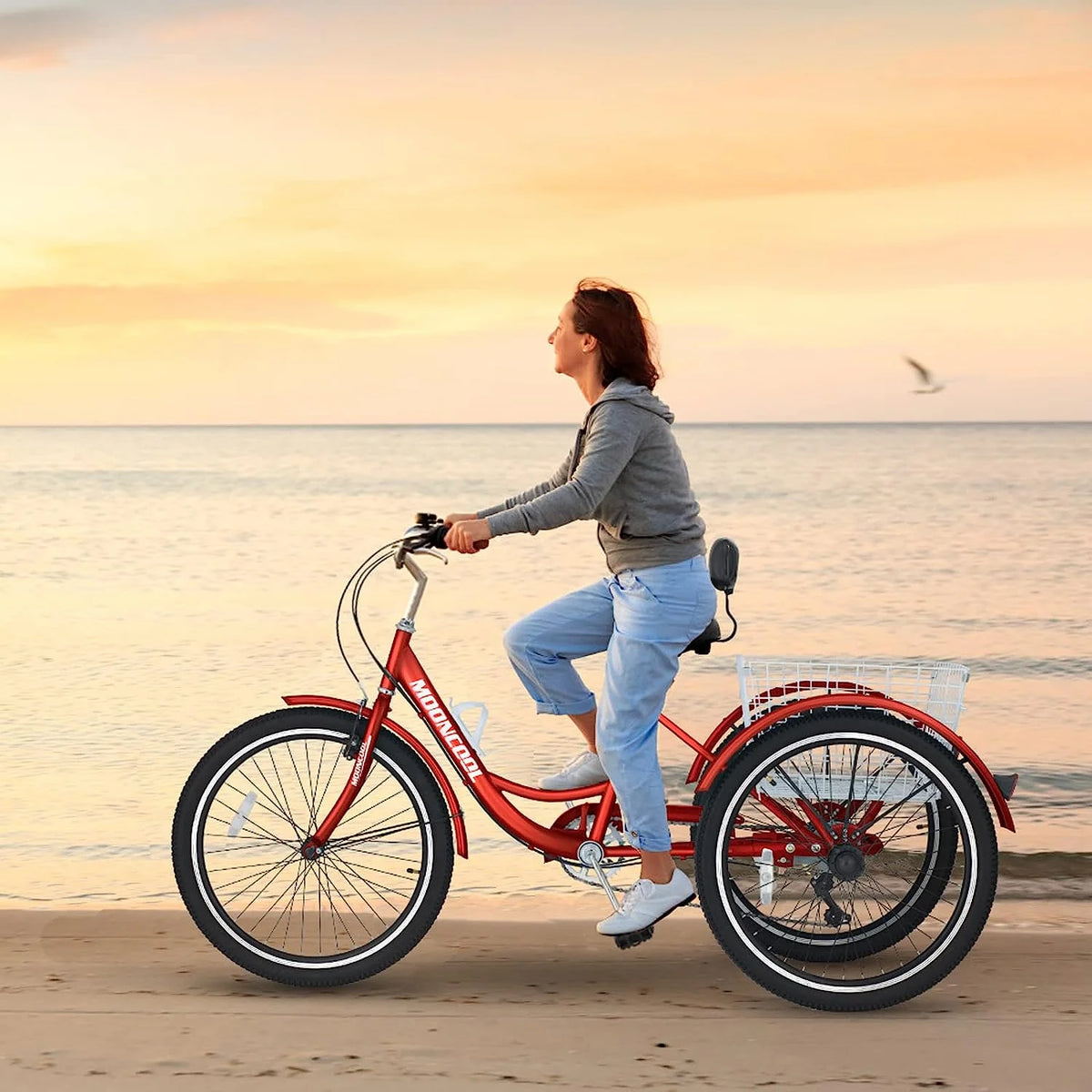Tricycles pour adultes MOONCOOL avec panier arrière et pompe à pied, vélos à 3 roues 7 vitesses de 24 et 26 pouces, vélo à trois roues pour adultes avec dossier pour seniors, femmes et hommes