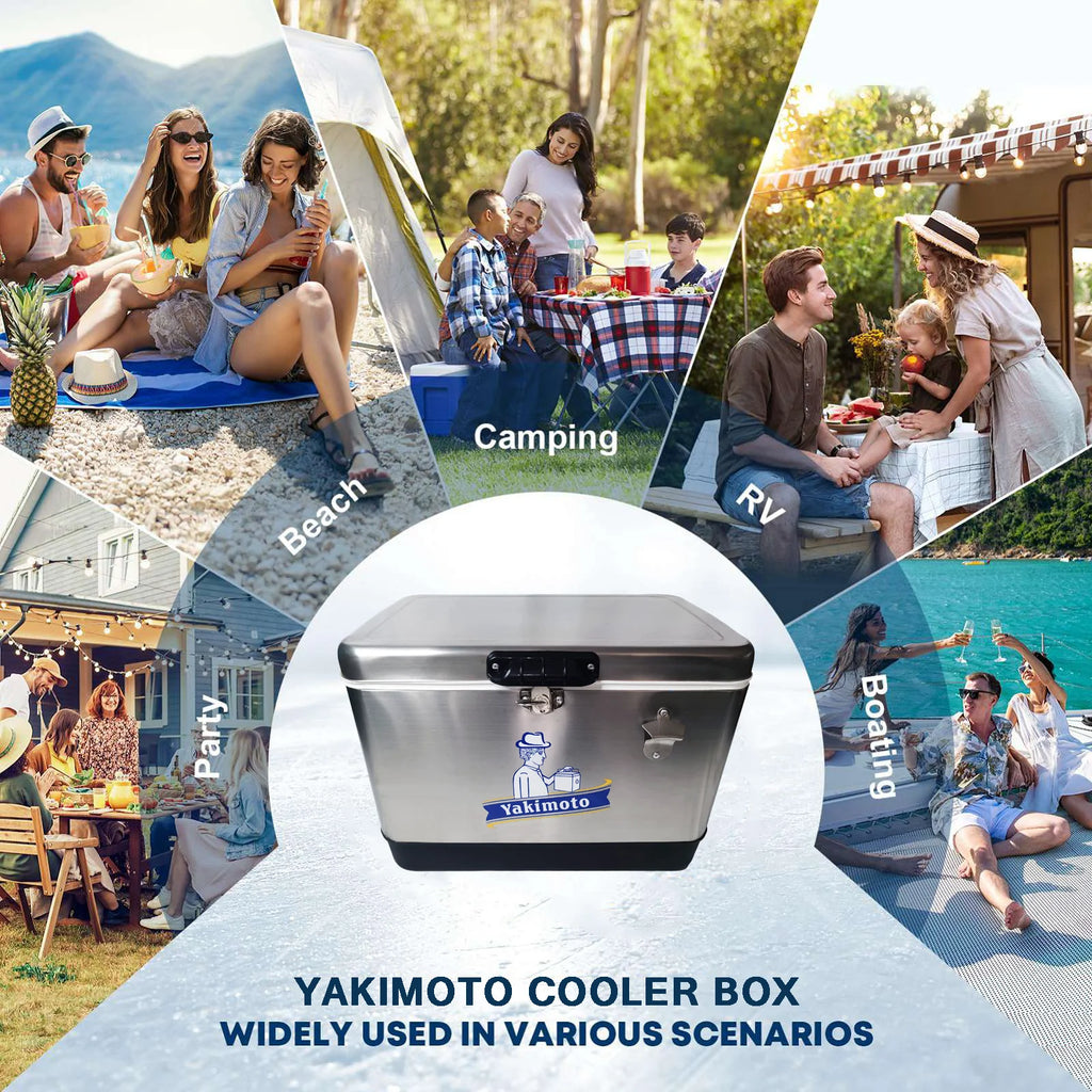 Glacière en acier inoxydable Yakimoto de 54 pintes – Glacière conservant la glace pendant 4 jours, avec décapsuleur intégré et fermoirs robustes en acier pour le camping, la pêche, la navigation et les fêtes entre amis