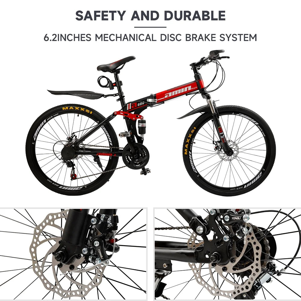 VTT pliant Artudatech 26 pouces Shimano 21 vitesses double frein à disque - Adulte - Rouge