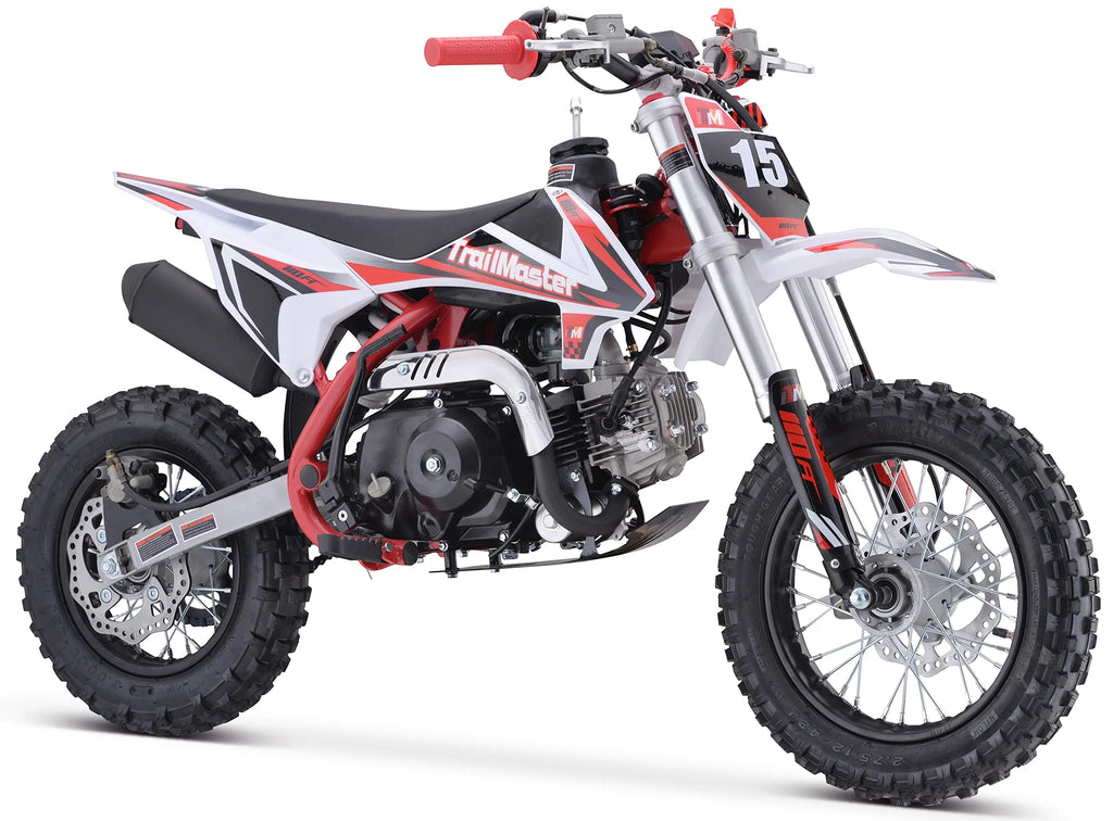 Moto tout-terrain Trailmaster TM15 110 cc semi-automatique à 4 vitesses, hauteur de selle de 24,21 pouces, freins à disque, cadre à double triangulation (rouge)