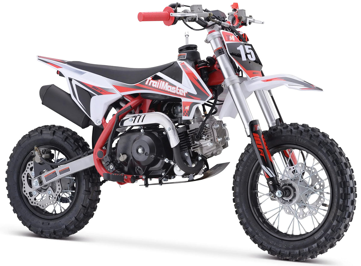 Moto tout-terrain Trailmaster TM15 110 cc semi-automatique à 4 vitesses, hauteur de selle de 24,21 pouces, freins à disque, cadre à double triangulation (rouge)