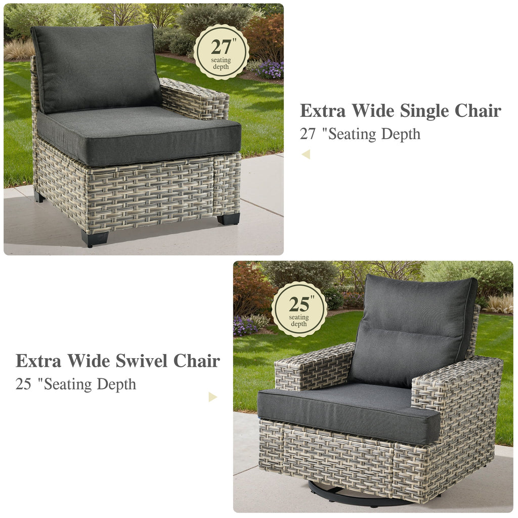 Ovios Salon de jardin modulable moderne en résine tressée toutes saisons à dossier haut, 10 pièces, avec table brasero au propane et fauteuil pivotant, gris foncé