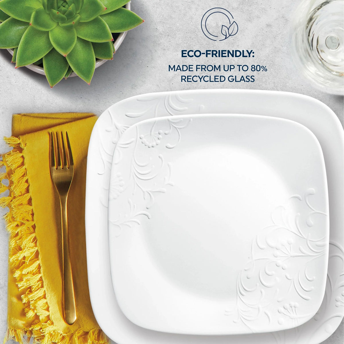 Service de vaisselle Corelle Cherish en verre carré gaufré, 16 pièces (pour 4 personnes)