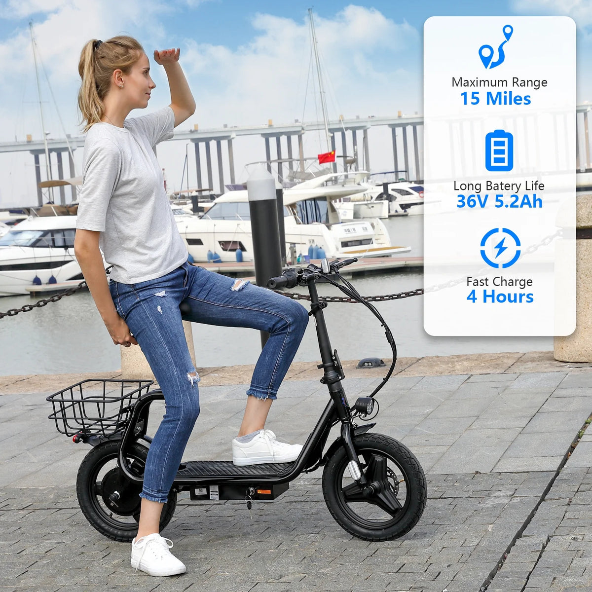 Trottinette électrique SANOPY 350 W avec siège pour adultes, autonomie de 24 km, vitesse de 32 km/h, cyclomoteur avec batterie 36 V 5,2 Ah, vélo électrique urbain avec gros pneus de 14 pouces et amortisseurs, noir