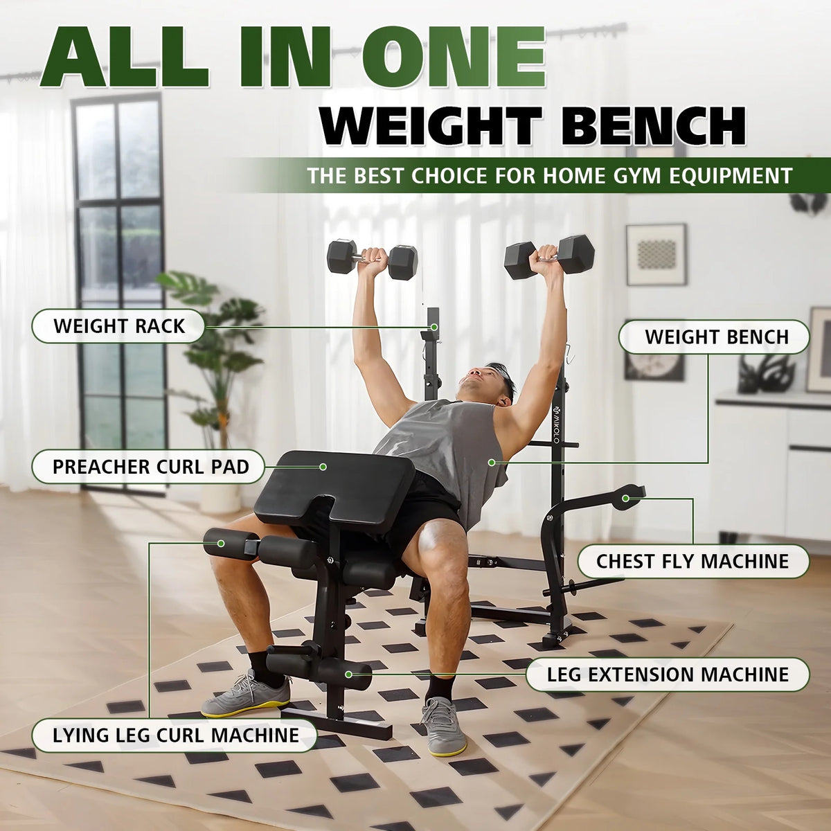 Ensemble de banc de musculation réglable Mikolo, capacité de 800 lb, banc de musculation complet 6-en-1 avec extension des jambes, ensemble de banc de musculation multifonction pour salle de sport à domicile