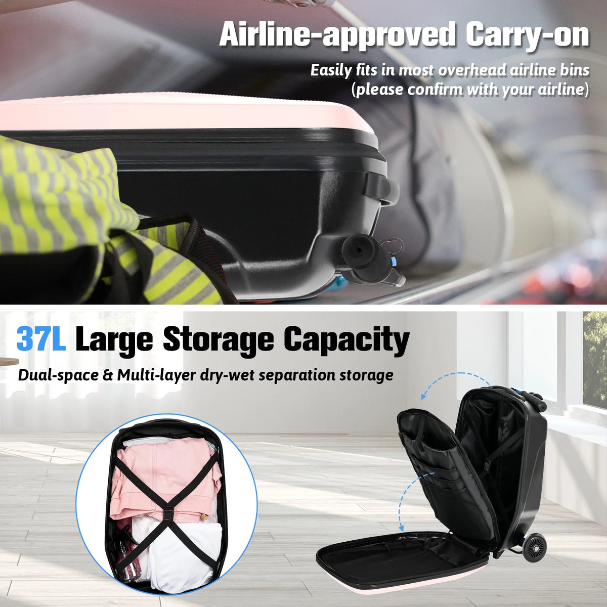 Valise à roulettes Advwin pour enfants et adultes, valise rigide sur laquelle les enfants de 4 à 15 ans peuvent rouler, bagage cabine multifonction léger et pliable avec roulettes, pour enfants et adolescents, rose